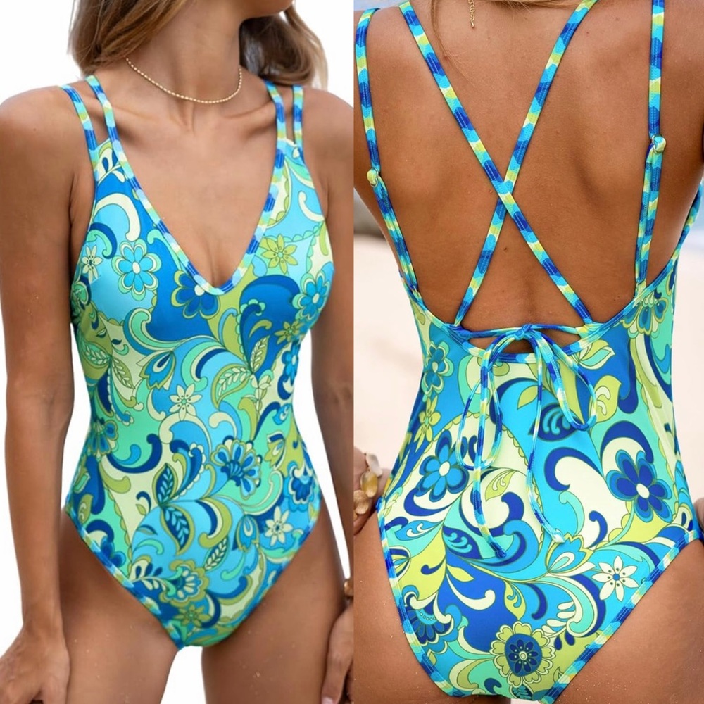 Retro Blue Green Floral Crisscross One Piece‎ L NWT